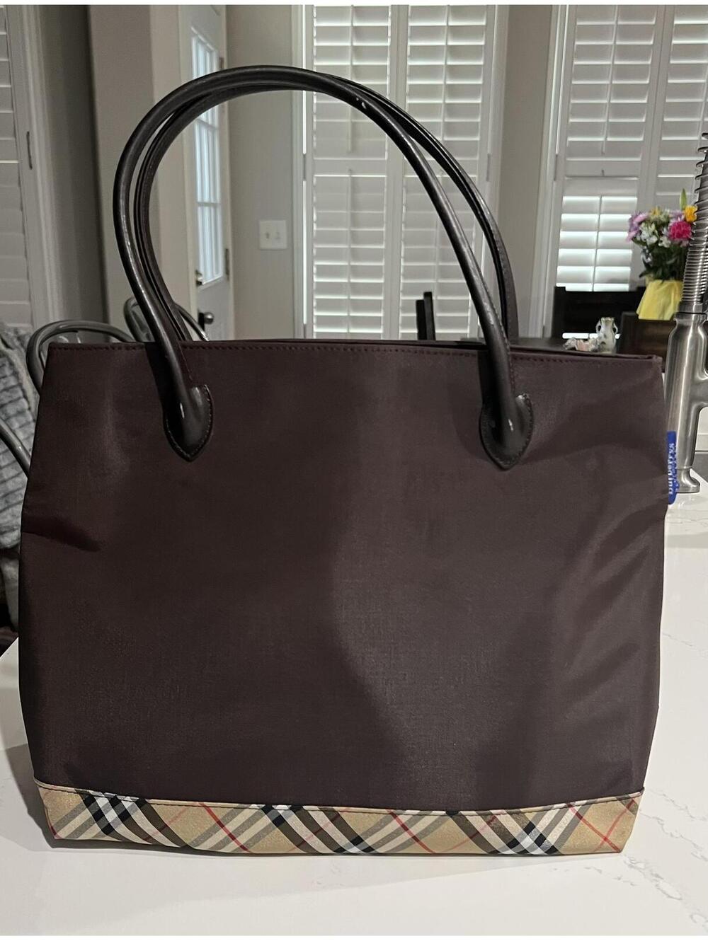 BURBERRY BLUE LABEL Tote Bag Nova Check Brown Nylon Black Leather
